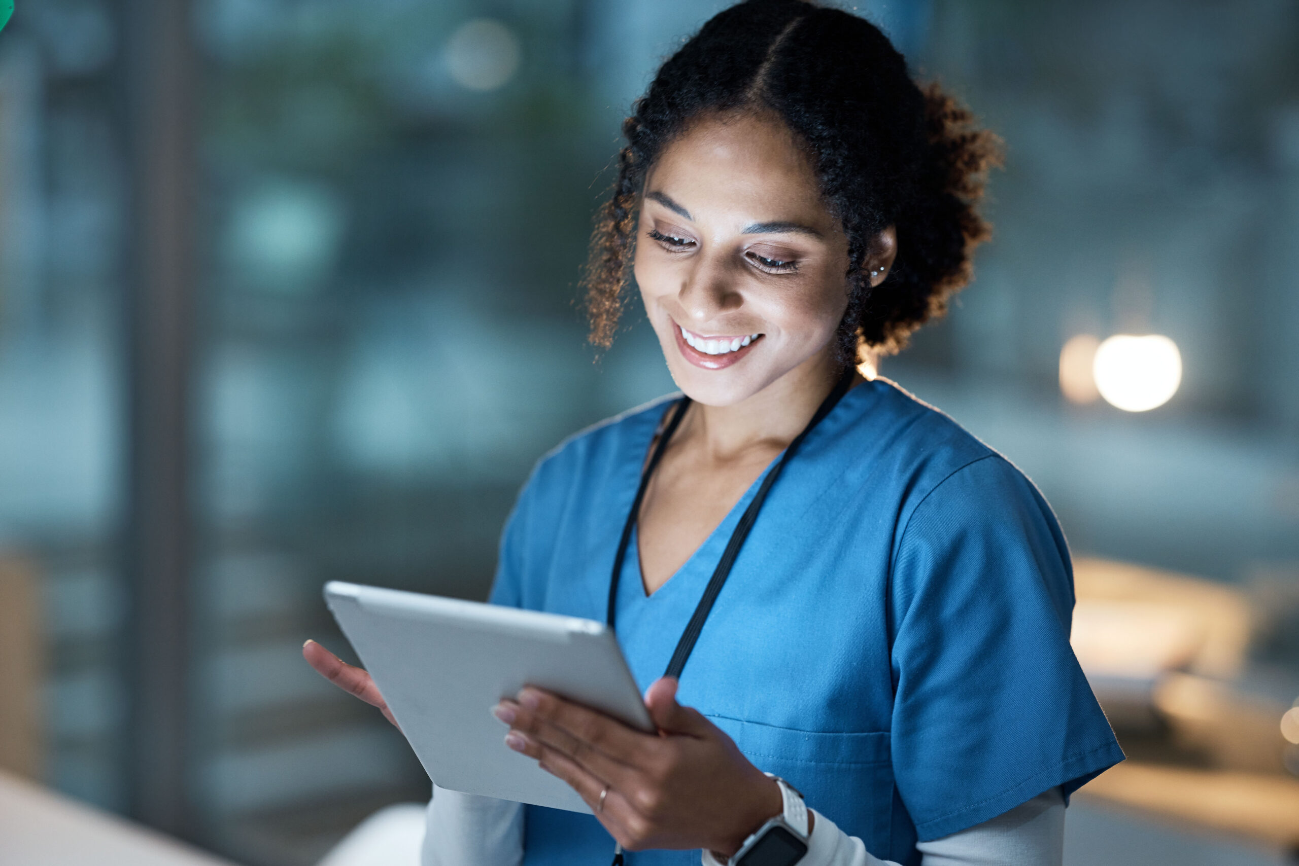 Nurse working late doing research